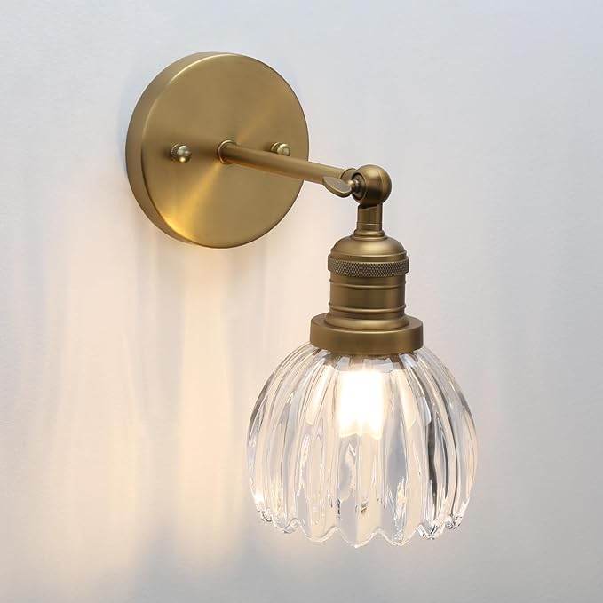Pathson Adjustable Wall Sconce Lamp with Tulip Thick Glass, Hardwired Bathroom Sconce Brass Gold Wall Vanity Light Fixture for Living Room Farmhouse Bedside Lighting