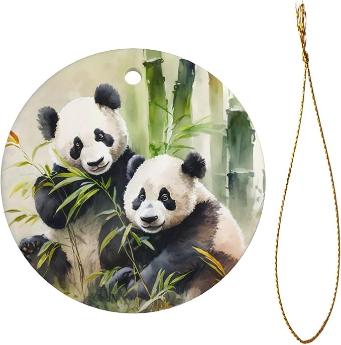 Watercolor Panda Bamboo Christmas Ornaments, Christmas Decorations Xmas Tree Hanging Ornaments, Round Ceramic Festive Keepsake Gift for Christmas Decorations Holiday Home Party Decors