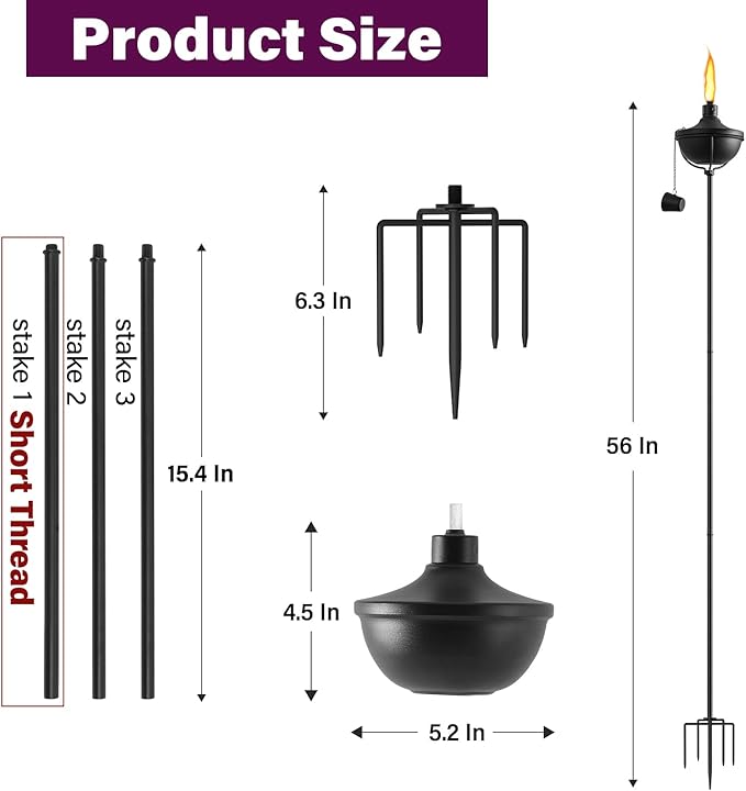 Home Garden Torch Set of 6, Outdoor Metal Torches with 5-Prong Grounded Stake, 56-Inch Adjustable Citronella Torch, 23.5 oz Metal Light Torches for Patio, Pathway, Party (Ultra-Stable Design)