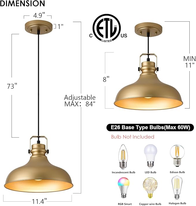 Gold Farmhouse Pendant Lights Matte Pendant Lighting for Kitchen Island Industrial Adjustable Height Vintage Dome Hanging Light Fixtures for Barn, Dining Room 3 Packs