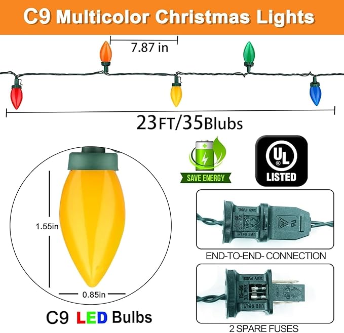 C9 Christmas LED String Lights, 23 Ft LED Vintage Multicolor Lights with 35 LED C9 Colorful Light Bulbs, Outdoor String Lights for Christmas Party Backyard Wedding- Green Wire