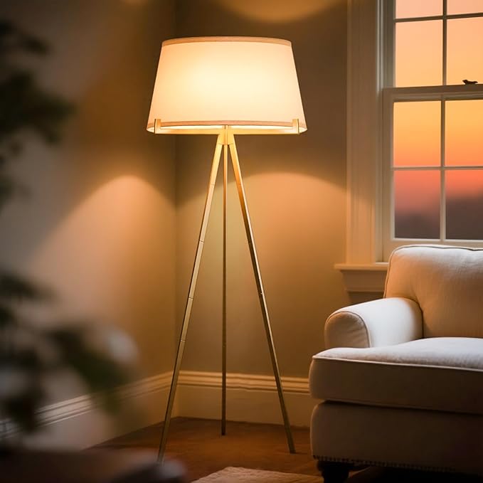 Tripod Floor Lamp with Linen Drum Shade, Tripod Lamps for Living Room，Mid Century Modern Floor Lamp，Modern Polished Brass Finish Reading Standing Lamp for Living Room, Bedroom, Office