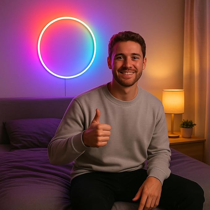 Smart RGBICW LED Circle Neon Sign– 16 Million DIY Colors RGB LED Mood Wall Sign with Bluetooth App & Inline Control, Gradient & Music Sync Modes, USB Powered Aesthetic Decor for Bedroom, Dorm