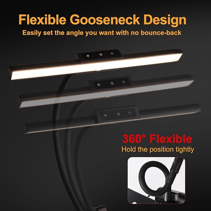 Super Bright Music Stand Light, LED Clip On Light,Magnetic Base, Removable Rechargeable Battery Operated, Long-Lasting USB-C Eye-Care Clamp Lamp, Gooseneck Design for Sheet Music, Black