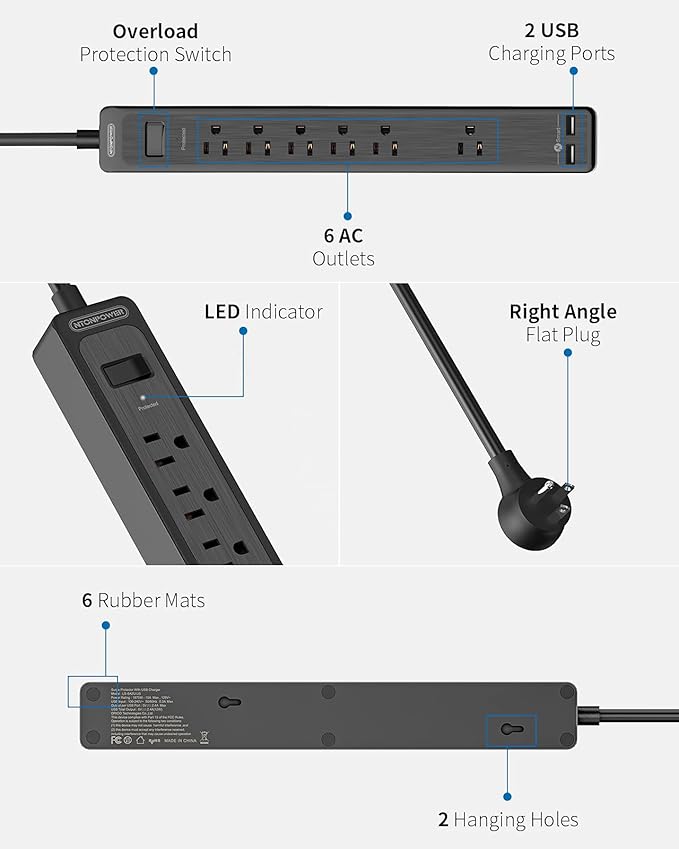 NTONPOWER 25 Ft Extension Cord, Surge Protector Power Strip with 6 Outlets, 2 USB, Overload Protection, 1080J, 1850W/15A, Wall Mount for Home Office and Workbench, Black
