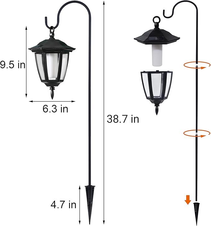 Dynaming 6 Pack Solar Flame Hanging Lights Outdoor, Halloween Solar Flickering Flame LED Garden Lanterns with 6 x 38 Inch Shepherd Hooks, Christmas Lighting for Lawn Patio Yard Pathway Driveway