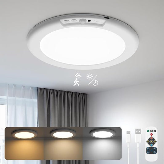 wowatt Battery Operated Ceiling Light Rechargeable Ceiling Lights with Remote Wireless Shower Lighting 3000K 4500K 6500K 7.48in Dimmable Timing Overhead Light for Closet Shower Living Room