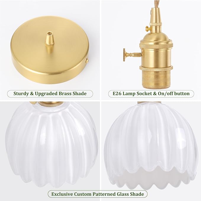 Mini Pendant Light with White Tulip Glass Lmapshade, Brass Vintage Pendant Light Adjustable Hanging Light for Kitchen Island Dining Room Hallway
