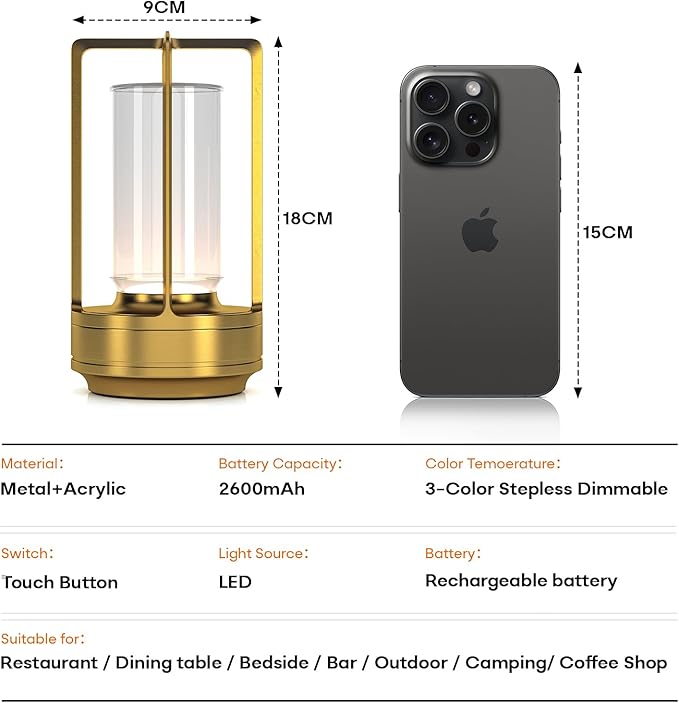 Portable Outdoor Table Lamp, Cordless Dimmable Touch Table Light, Rechargeable Battery Operated Small Lamp with 3 Colors and Brightness Control for Bedroom/Patio/Camping/Bar/Coffee Shop (Gold)
