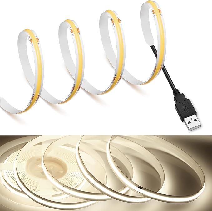 MDee】COB LED Strip 4000K Nature White USB Powered 5V Flexible LED Tape Lights with USB Connector CRI 90+ 800LM/m 320LEDs/m for Indoor and Outdoor Décor（4000K Nature White 3.28ft/1m）