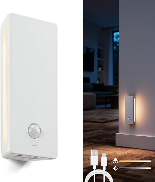 LED Backlit Motion Sensor Night Light, Rechargeable Night Light, Mini Stick-On Night Lights, Soft Two-Sided Glow, Magnetic, 3-Color Adjustable, for Bedroom, Toilet, Hallway & Cabinet (ABS *1pack)
