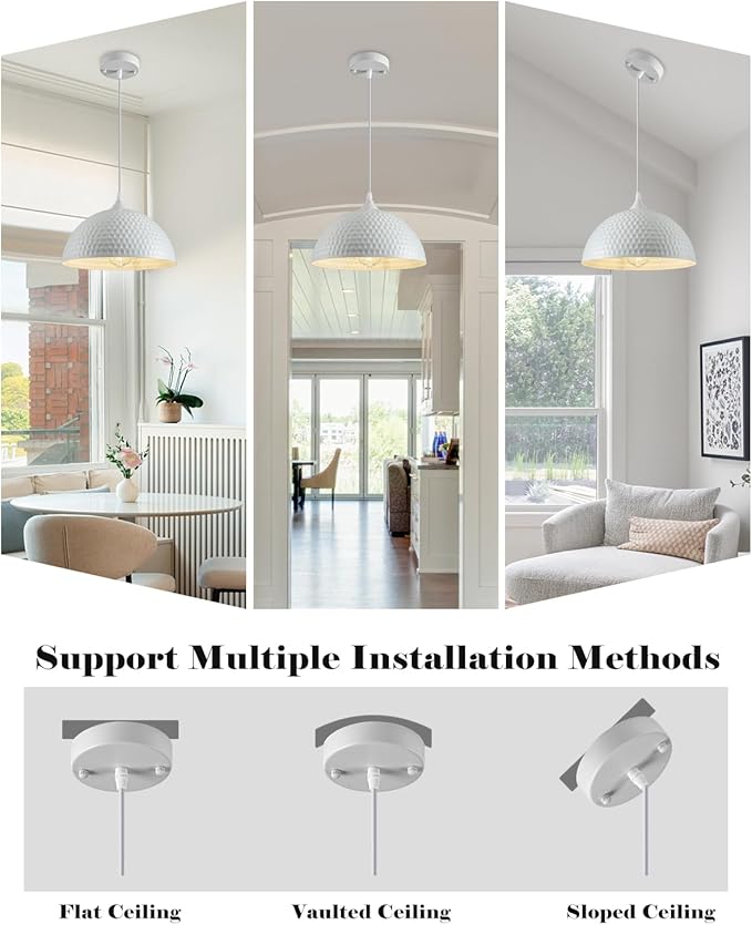 Hammered White Dome Pendant Light 2 Pack, White and Gold Pendant Lights,12 Inch Metal Industrial Pendant Light, Kitchen Island Pendant Lights for Kitchen, Dining Room, Bar