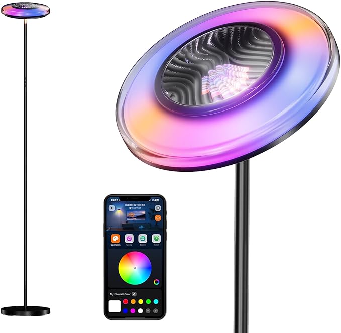 Smart Floor Lamp for Living Room, 66.8" RGB+WW Ripple Projector Floor Lamp, 3-in-1 LED Corner Lamp with RGB+IC Side Light & RA90 Reading Light, Dimmable Mood Light with App Control for Bedroom