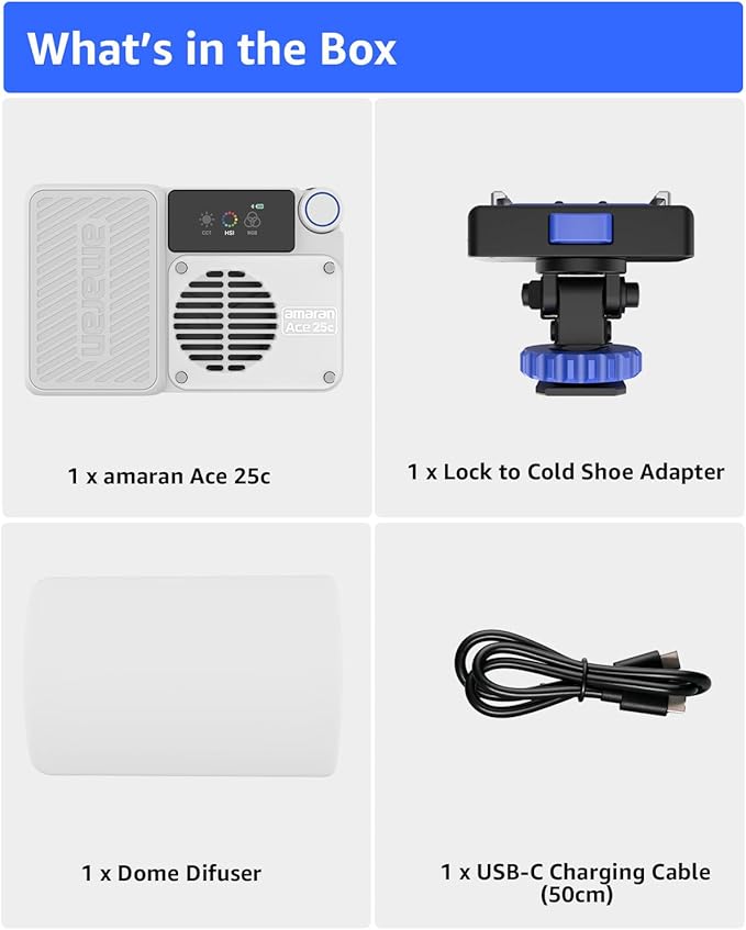 amaran Ace 25c Video Light,25w RGB Portable Light for Photography On-Camera Video Lights CRI/TLCI 95+,CCT 2,300K-10,000K,Rechargeable Dimmable Vlog Light,APP Control,PD Charging (White)