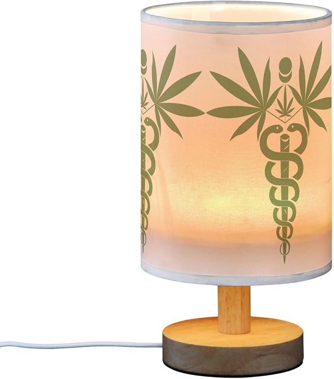 Marijuana Cannabis Hemp Leaf Green Snake Medical Symbol Icon Table Lamp with Wood Base Fabric Lamp Shade Bedside Nightstand Desk Lamp for Living Room Bedroom Kids Room Office
