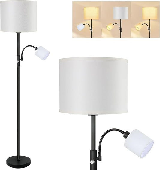 Floor Lamps Standing Lamp, Bright Stand up Lamp with Reading Light, White Lampshade, 62" Tall, 3-Way Rotary Switch, Black Corner Light for Bedroom Office, Modern Living Room Decor(LED Bulbs Included)