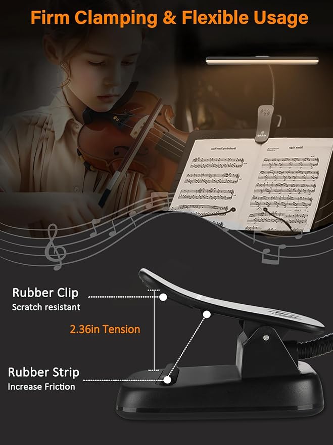 Vekkia Professional 116 LED Rechargeable Music Stand Light - Foldable Clip-on Lamp, Eye-Protective, 5 Brightness & 3 Color Temp Adjustments, for Piano, Reading