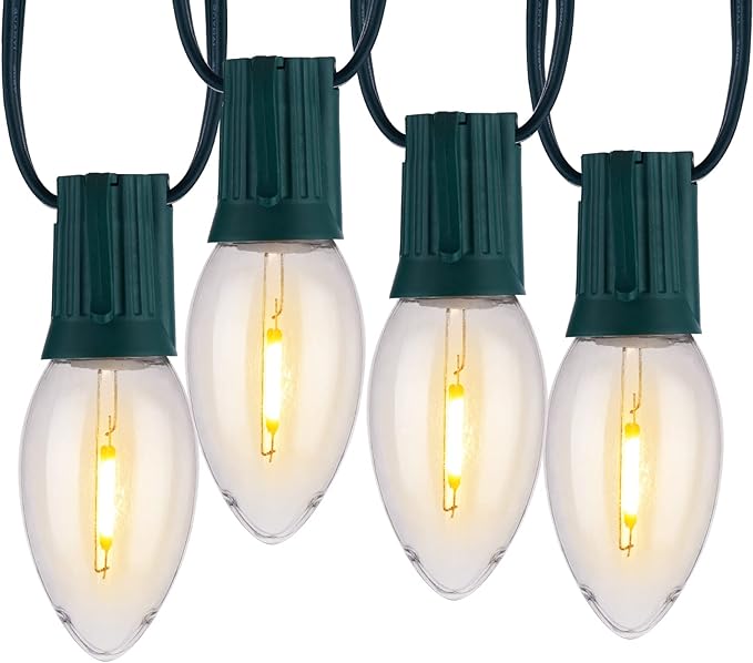 Minetom Vintage C9 LED Christmas Lights Outdoor Warm White, 50 Feet C9 String Lights for Christmas Tree Roofline Holiday Party Indoor Outdoor Garden Patio Backyard Cafe Xmas Decoration, Green Wire