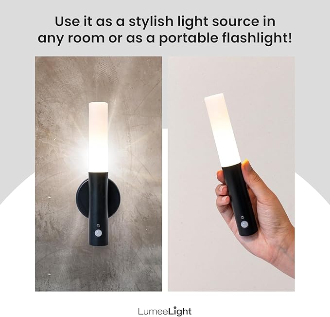 Motion Sensor Night Light, Magnet Body Hallway Rechargeable LED Wireless Wall Sconce, Portable Decor Battery Powered Indoor Torch Lighting for Bedroom (Black)
