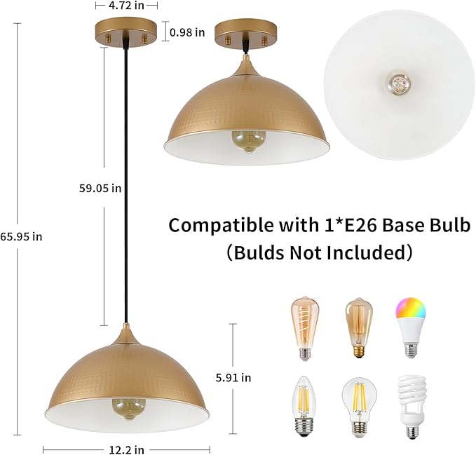 Pendant Lights Kitchen Island, 12" Gold and White Dome Pendant Light Vintage Industrial Hanging Light Fixtures for Dining Room Restaurant Cafe Entryway