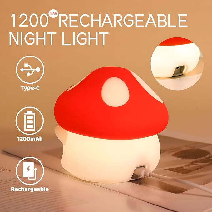 Mushroom Night Light Color Changing, 50Hrs Mushroom Lamp, Tap Control 2 Brightness & Timer, Rechargeable Squishy Night Lamp for Kids Adults, [Easter Gifts]