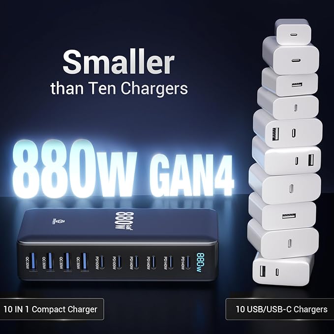 880W USB C Charging Station, 10-Port Desktop USB Charger, USB C Charger Block for Multiple Devices for MacBook Pro/Air, DELL, iPad, iPhone, Samsung Galaxy