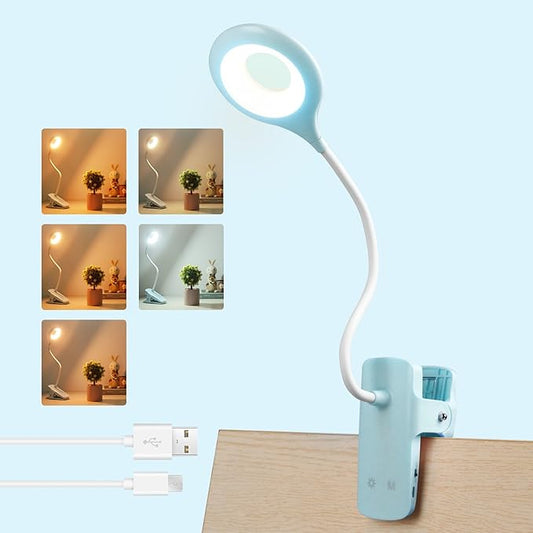 Desk Lamp LED Clip on Light, 5 Modes 5 Brightness Dimmable Clamp Light, Rechargeable Battery Flexible Clip on Reading Lamp for Bed Headboard Bunk Bed at Night for Kids (Blue)