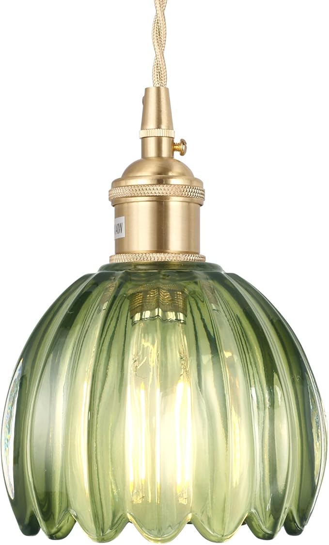 Mini Pendant Light with Green Tulip Glass Lmapshade, Brass Vintage Pendant Light Adjustable Hanging Light for Kitchen Island Dining Room Hallway