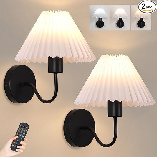 Rechargeable Battery Operated Wall Sconces Set of 2,Black Wall Lights with Remote,Dimmable Wall Lamp with Pleated Shades,15 Colors Wireless Bathroom Vanity Wall Light for Bedroom Living Room Hallway