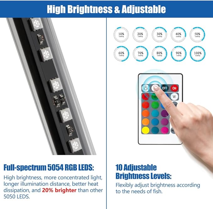 LED Aquarium Light with IP68 Waterproof and Memory Function Submersible Fish Tank Light with Remote and 16 Colors 19 Inches Brightness Adjustable Underwater Light Bar for Fish Tank Aquarium