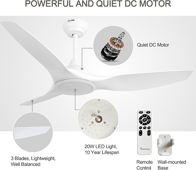 52 Inch Quiet DC Motor White Ceiling Fan with Light Remote Control, Indoor 3 Blade Modern Ceiling Fan for Bedroom Living Room