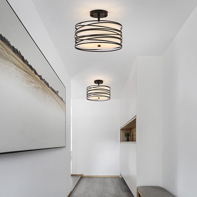 Drum Semi Flush Mount Ceiling Light Fixture Vintage Modern Farmhouse 2-Lights Linen Drum Ceiling Lighting Rustic Black Ceiling lamp for Dining Room, Bedroom, Kitchen, Laundry Room