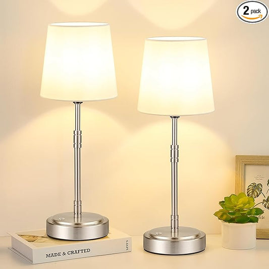 Cordless Table Lamps Set of 2 – Battery Operated Lamp with 7500mAh Rechargeable Battery, Stepless Dimmable Vintage Brushed Nickel Touch Desk Lamps for Dining Room, Nightstand & Patio (Bulbs Included)