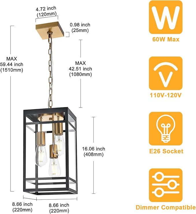 3-Light Outdoor Pendant Lights for Porch, Black & Brushed Brass Outdoor Chandelier 16'' Exterior Hanging Porch Light Fixtures w/Clear Glass, Waterproof Outside Pendant Lantern for Garage