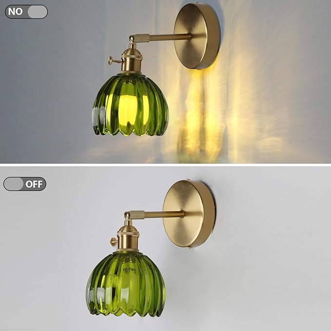 HuisMier Vintage Wall Sconces with Green Tulip Glass Lampshade, Modern 180 Degree Adjustable Brass Wall Sconces with Switch for Bathroom Bedroom Living Room Hallway, Hardwired