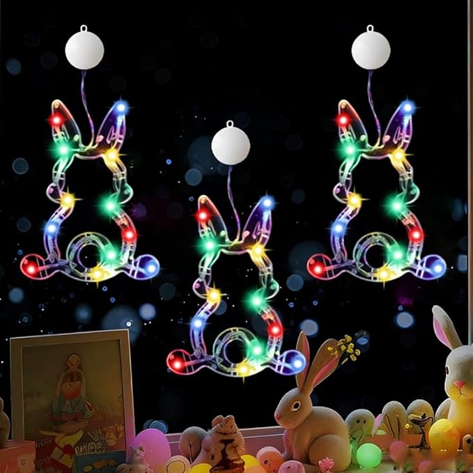 3Pcs Easter Window Lights with Suction Cup,Battery Operated Easter Decoration Hanging Lights,Egg Bunny Shaped Sucker LED Lamp Wedding Birthday Party Supplies for Holiday Indoor Home Decor (White)