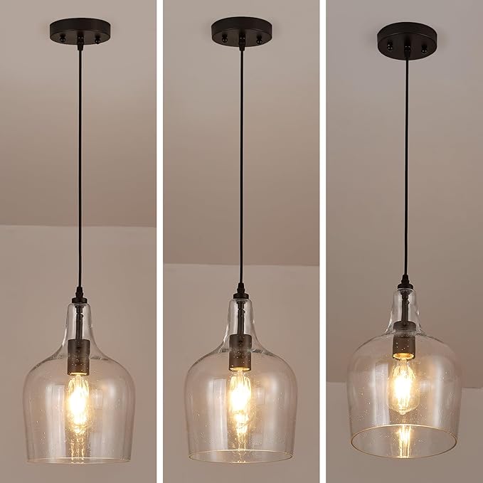 Seeded Glass Pendant Light Modern Black 1 Light Single Dome Pendent Lighting Fixtures for Kitchen Island Dining Room Hallway, Dia 9 Inch, E26, UL Listed