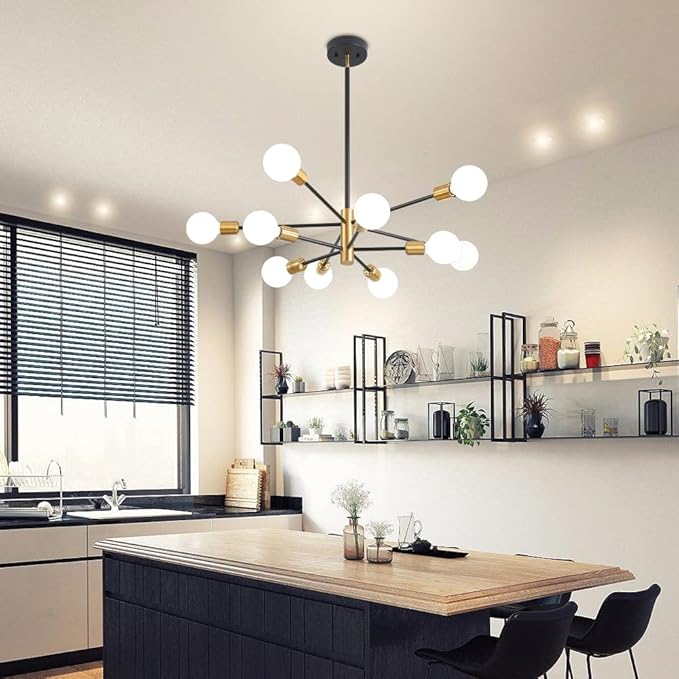 Sputnik Chandeliers Black and Gold Chandelier Modern Pendant Light Fixture Mid Century Industrial Ceiling Lighting 10 Lights for Dining Room, Kitchen, Bedroom, Living Room and Farmhoue
