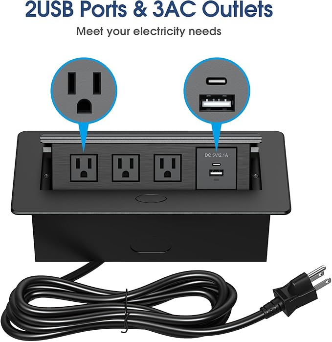 KYHSHJ Connection Box Desktop Pop Up Outlet with 3 * 15A Receptacle，2.1A 1 USB-A Ports &1 USB-C Port，Corrosive Resistant Hardware,Black
