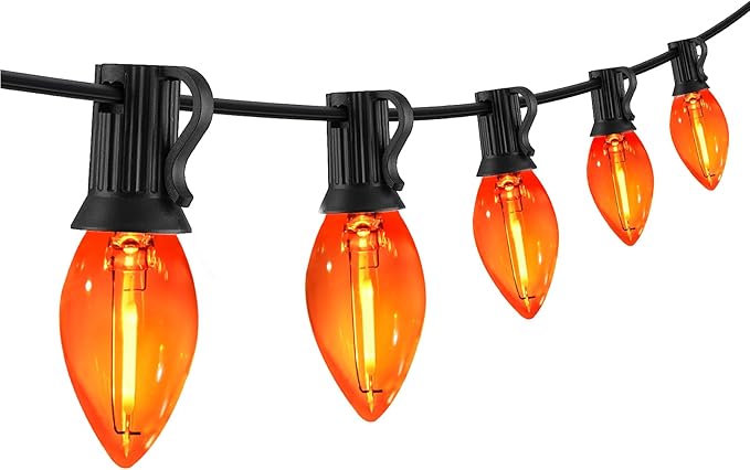 C7 Orange Halloween Lights Outdoor, 25FT LED String Lights with 25 Bulbs, Waterproof Fall Thanksgiving Decor for Patio, Fence, Tree, Party