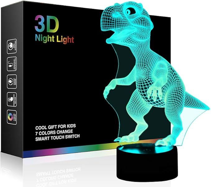 Wiscky Dinosaur Toys 3D Night Light Lamp - Children Kids Gift for Boys, 7 LED Colors Changing Lighting, Touch USB Charge Table Desk Bedroom Decoration, Cool Gifts Ideas Birthday Xmas for Baby Friends