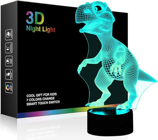 Wiscky Dinosaur Toys 3D Night Light Lamp - Children Kids Gift for Boys, 7 LED Colors Changing Lighting, Touch USB Charge Table Desk Bedroom Decoration, Cool Gifts Ideas Birthday Xmas for Baby Friends