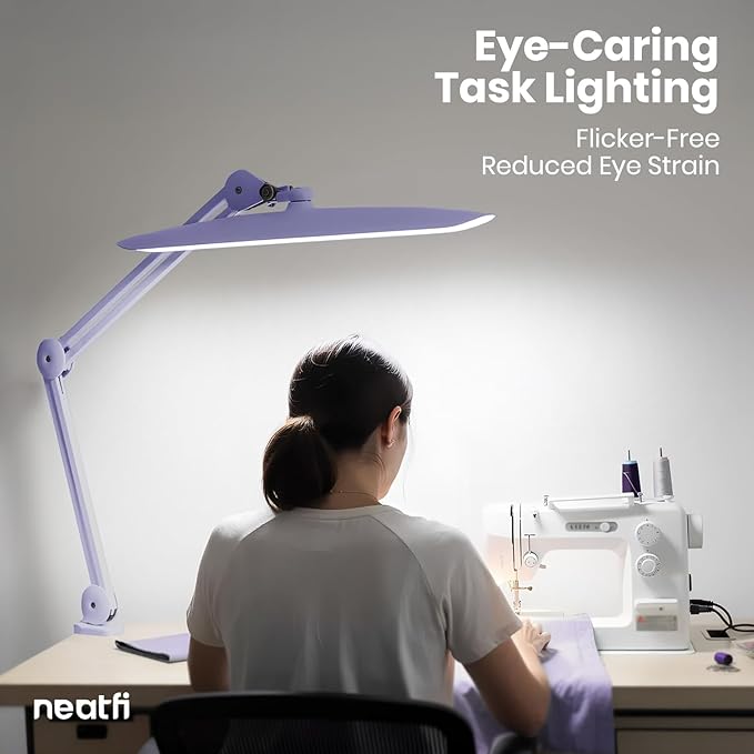 Neatfi XL LED Desk Lamp with Clamp, 2200 Lumens, 24W, 20-Inch Wide Head, Dimmable 4 Brightness Levels, Task Light for Home Office, Crafts, Workbench (Non-CCT, Lavender)