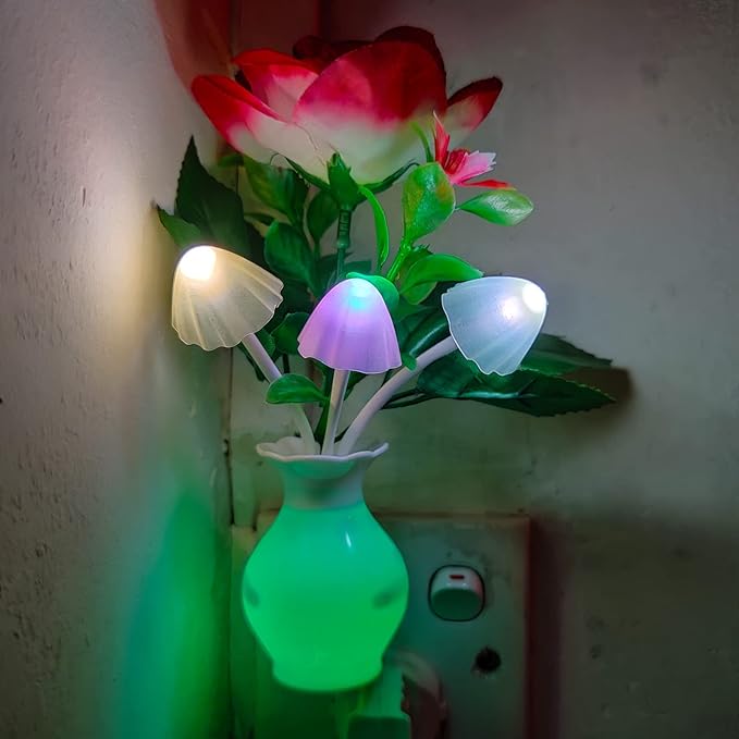 AUSAYE 2 Pack Sensor LED Night Light Plug-in Nightlight, Color Changing Mushroom Light Rose Flower Night Lights for Kids Adults Bedroom, Bathroom, Nursery, Kitchen, Basement