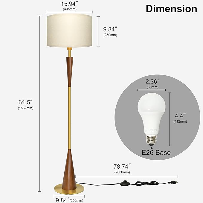 Floor Lamp for Living Room, Wood 3 Color Temperatures & Linen Shade, Modern Reading Standing Lamp with 9W LED Bulb, Mid Century Night Light for Farmhouse, Bedroom, Office, Bronze