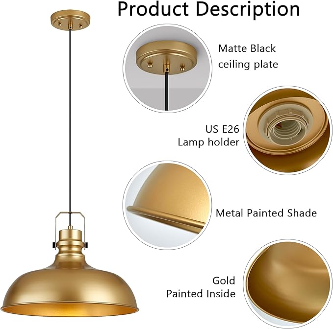 Gold Farmhouse Pendant Lights 16 Inch Matte Pendant Lighting for Kitchen Island Industrial Adjustable Height Vintage Dome Hanging Light Fixtures for Barn, Dining Room 1 Pack