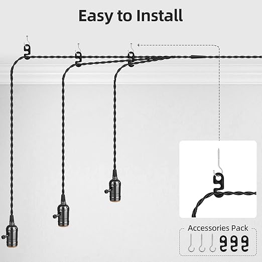 Vintage Plug-in Pendant Light Kit with 1-to-3 Hanging E26/E27 Sockets, Industrial Hanging Light with Individual Rotary Switches, Easy DIY Lighting for Living Room, Patio and Plant Corners, Black