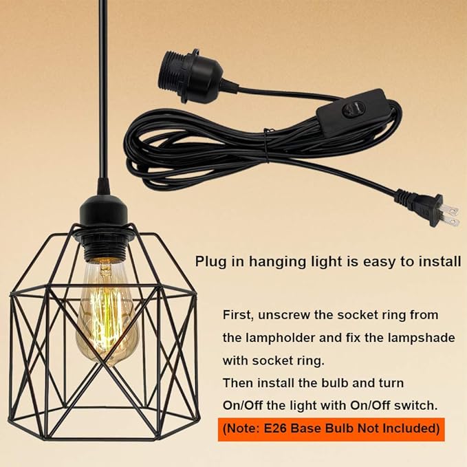 Industrial Plug in Pendant Light, Black Cage Pendant Light Fixture with On/Off Switch, E26 Socket Vintage Hanging Light, Farmhouse Pendant Lighting for Kitchen Living Room Dining Room