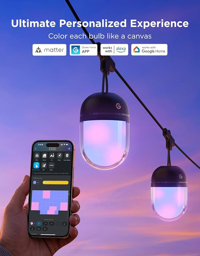 Govee Outdoor Chromatic String Lights, 65.6ft RGBIC Outdoor Lights with 55 Uni-IC Control LED Bulbs, 111+ Scene Modes, IP67 Waterproof, String lights compatible with Alexa, Google, Matter, App Control