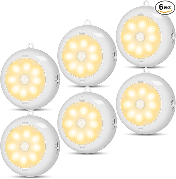 Under Cabinet Lighting, LED Puck Lights AA Battery Operated, Closet Lights Motion Sensored for Kitchen, Shelf, Dimmable & Magnetic, 3000K Warm White (6 Pack)